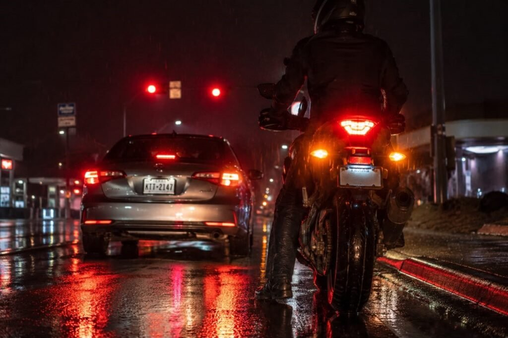 Motorcycle LED brake light and turn signals glowing brightly in rain at night