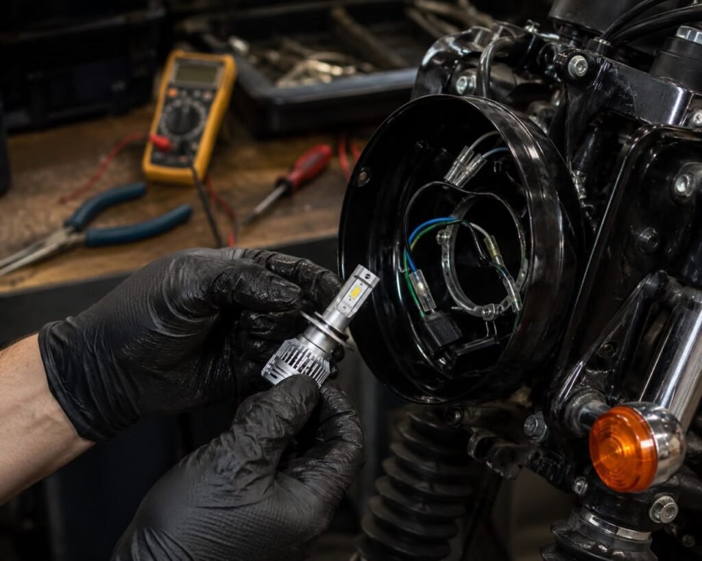 Mechanic installing an LED headlight bulb into a motorcycle headlight housing