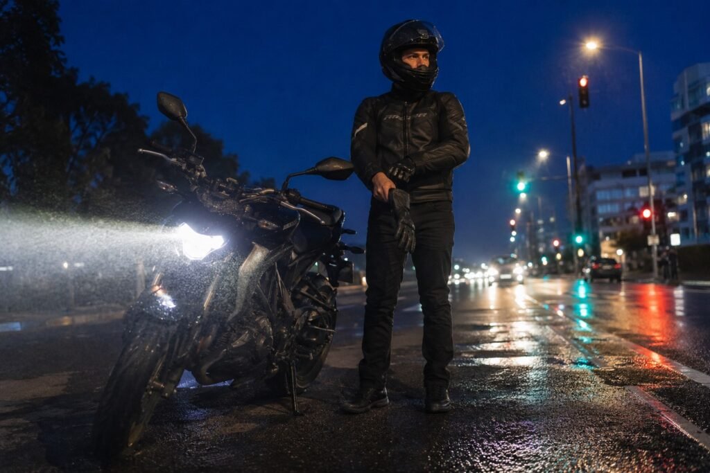 Motorcycle rider preparing to ride at blue hour with LED headlight beam cutting through wet urban road