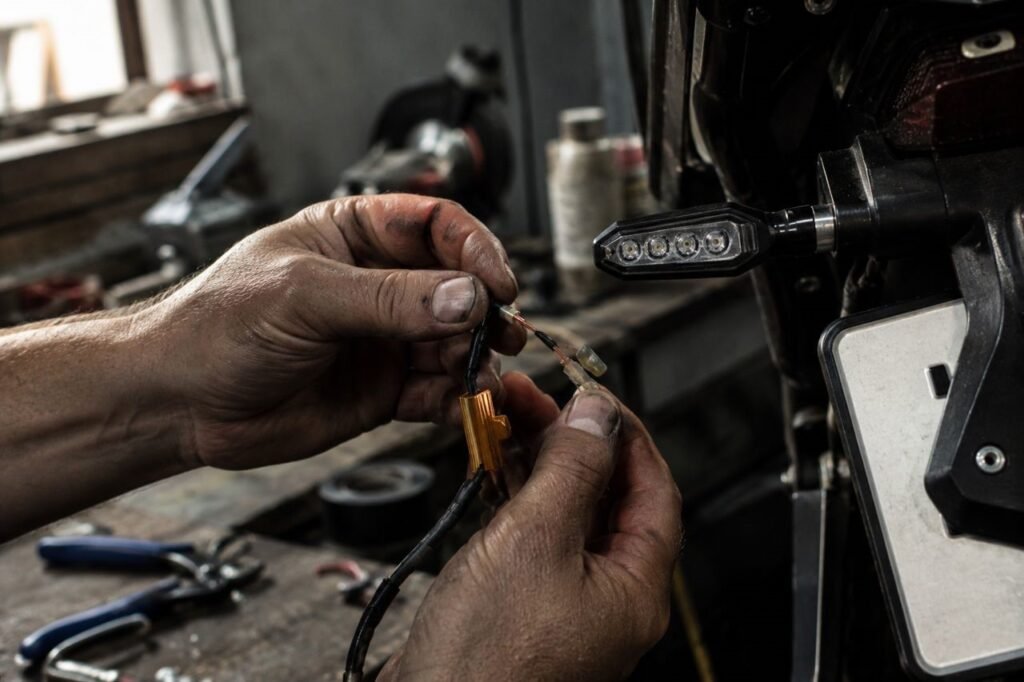 Mechanic wiring load resistor to motorcycle LED turn signal to fix hyperflash problem