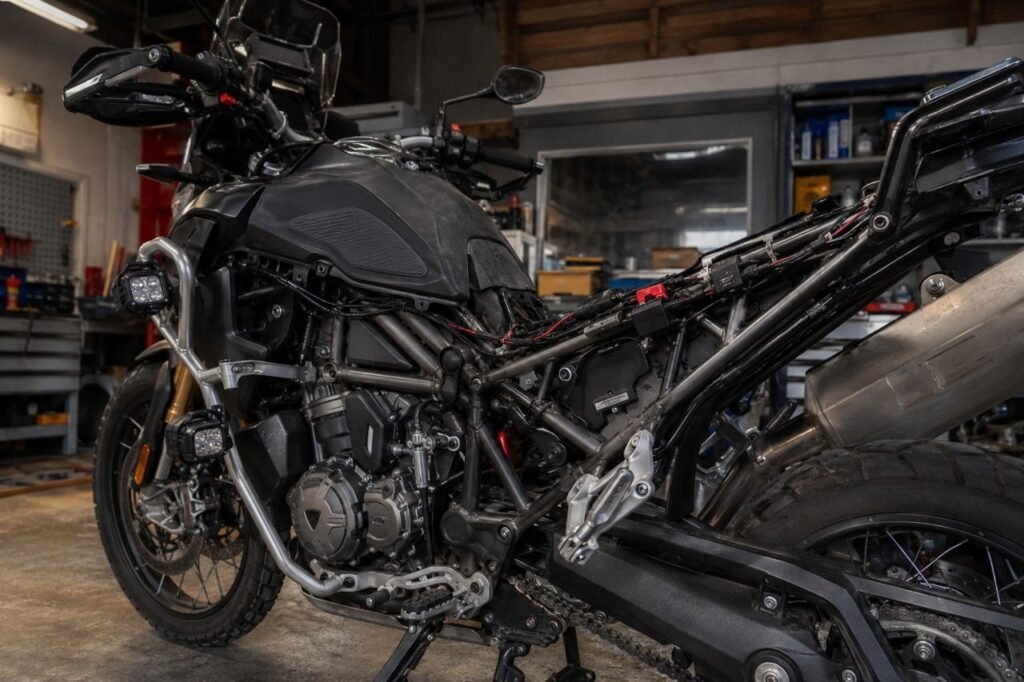 Motorcycle LED wiring harness neatly routed along frame with zip ties