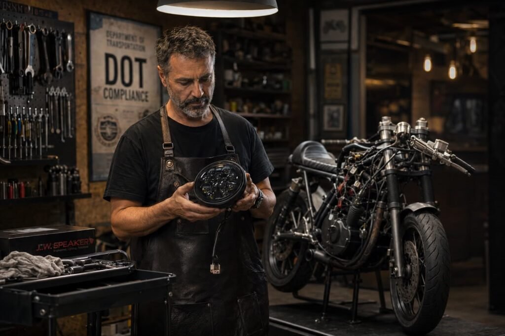 Professional motorcycle mechanic examining DOT-stamped LED headlight assembly in custom bike workshop