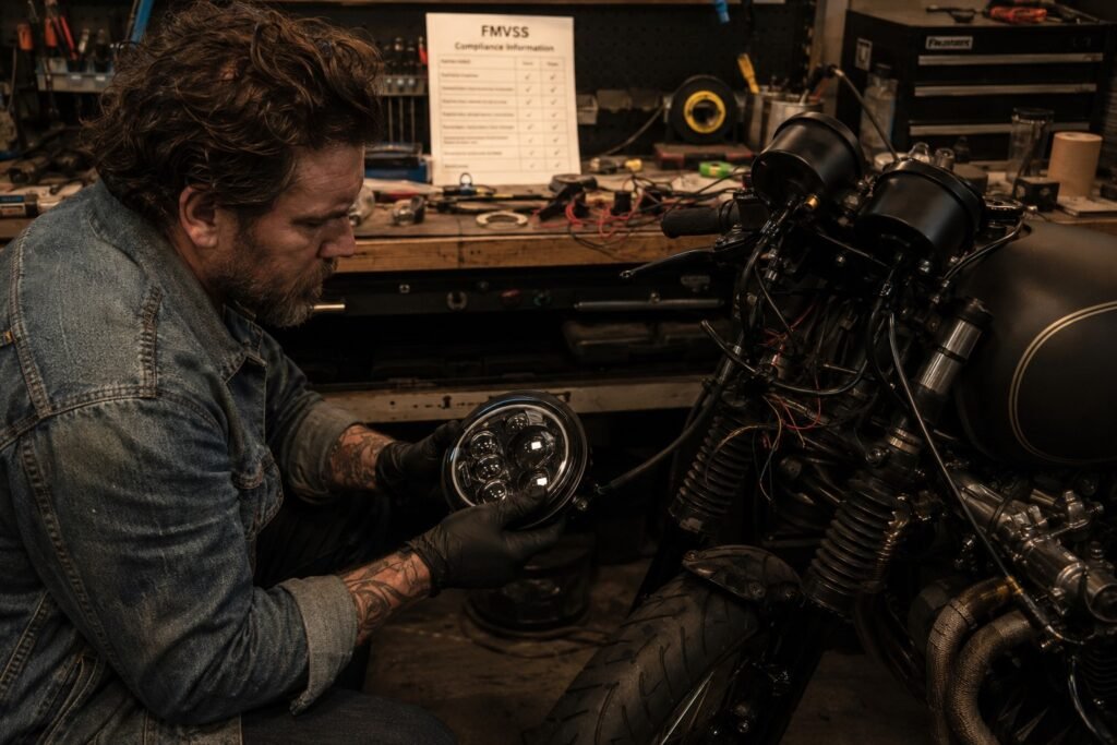 Motorcycle mechanic inspecting DOT-approved LED headlight assembly in workshop