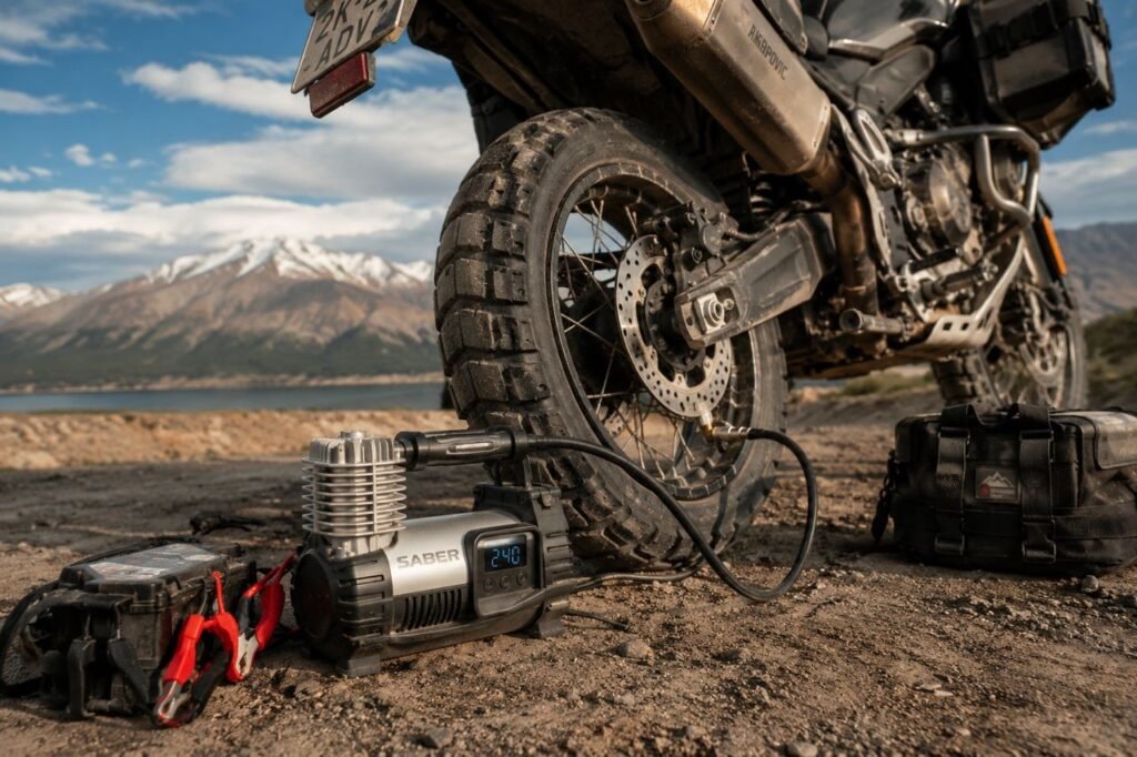 Mini air compressor inflating a motorcycle tire during roadside repair