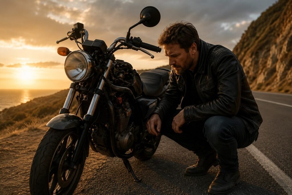 Motorcycle not charging while riding — rider checking electrical system on the roadside