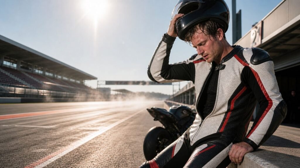 Motorcycle rider in hot weather wearing ventilated racing suit with perforated leather panels on racetrack