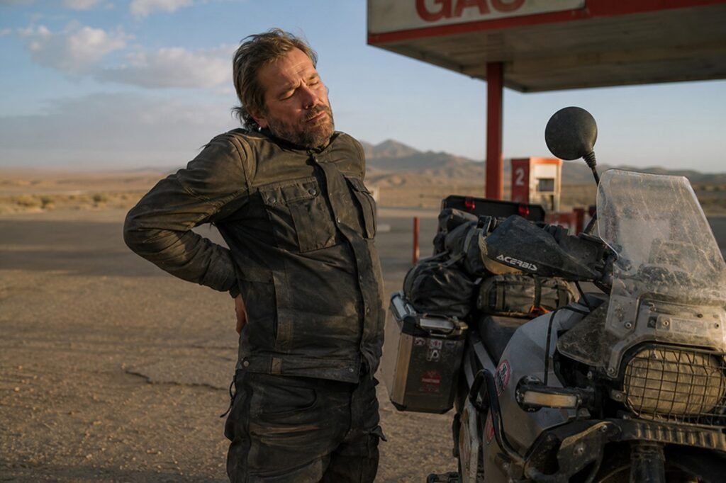 Motorcycle rider stretching lower back after long highway ride