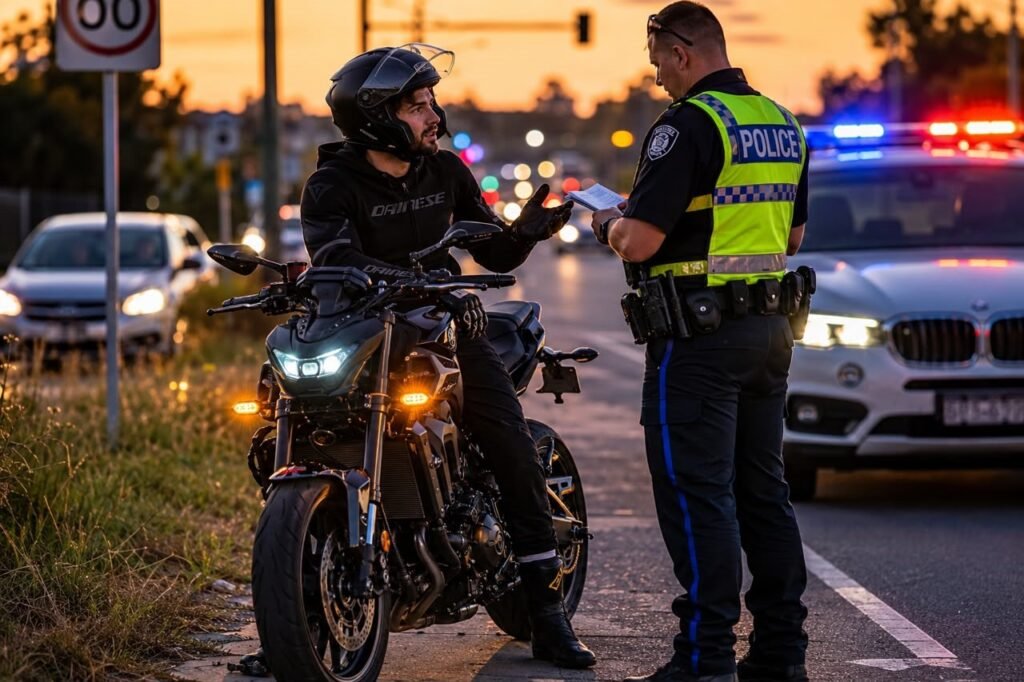 Motorcycle rider pulled over by traffic officer at dusk due to non-compliant aftermarket lighting