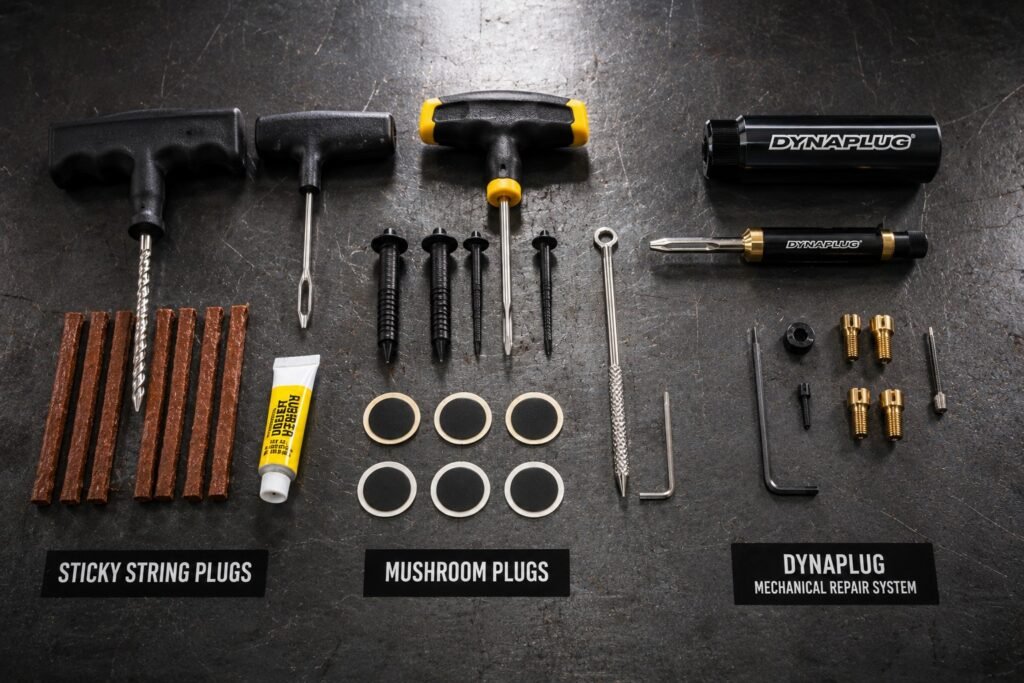 Comparison of sticky string, mushroom, and Dynaplug tire repair systems