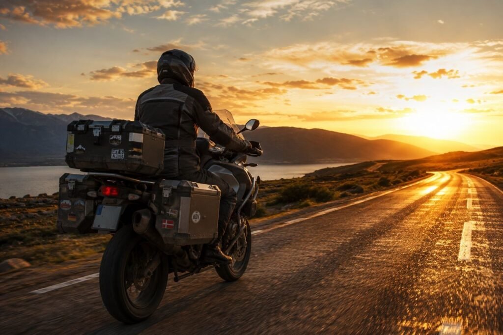 Motorcycle rider continuing a road trip after repairing a flat tire