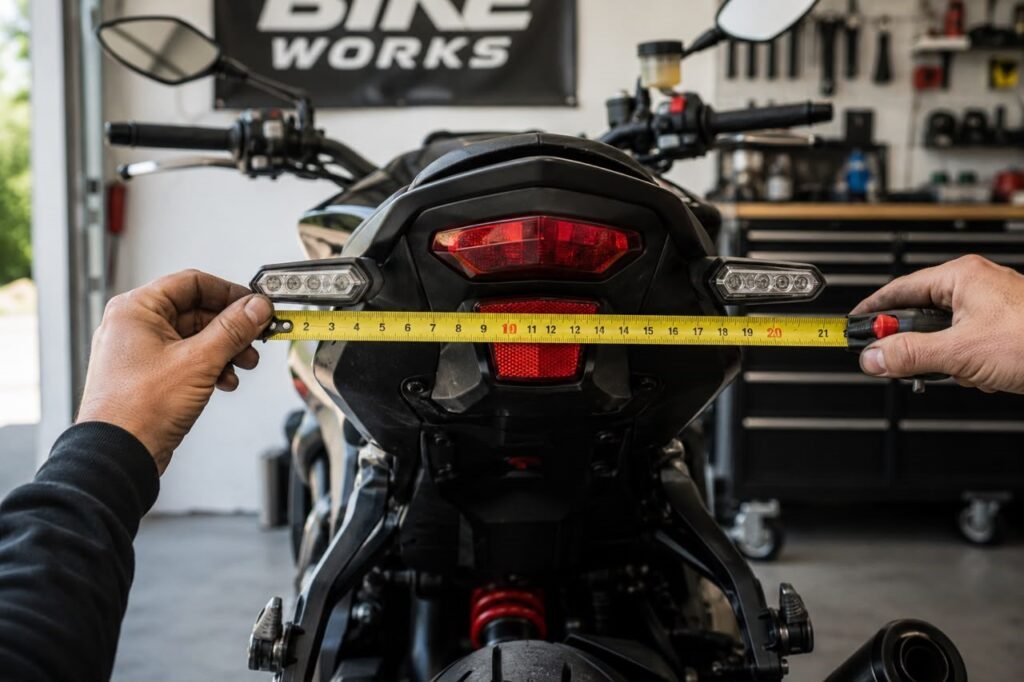 Mechanic measuring spacing between motorcycle rear LED turn signals to verify legal separation requirements