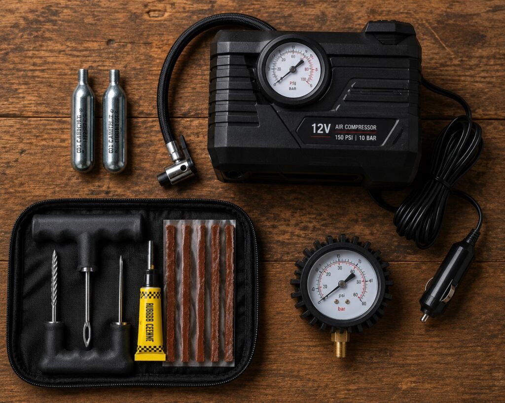 Portable motorcycle air compressor vs CO2 cartridges laid out on a workshop bench with a plug kit and pressure gauge