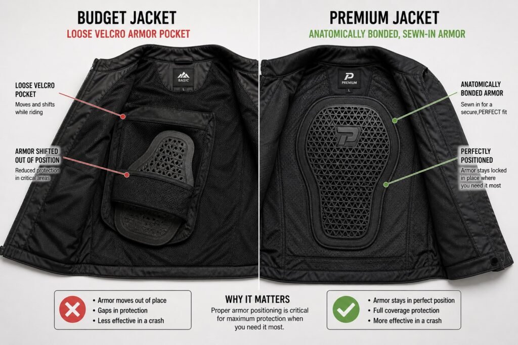 Comparison of armor displacement in budget motorcycle jacket versus anatomically integrated armor in premium motorcycle riding suit