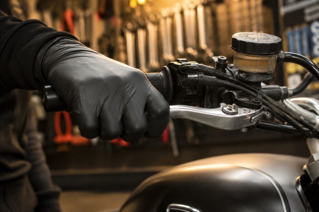 Mechanic in black gloves squeezing motorcycle front brake lever to restore hydraulic pressure after caliper service