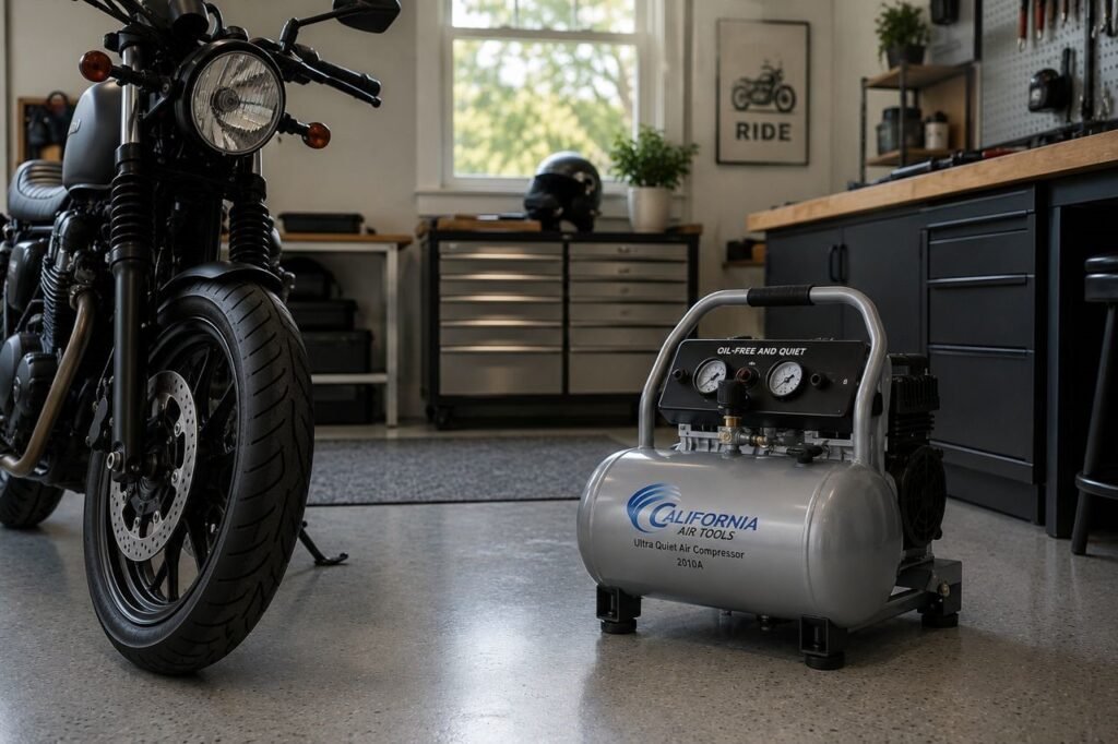 Quiet air compressor for motorcycle garage sitting beside a bike in a clean residential workshop
