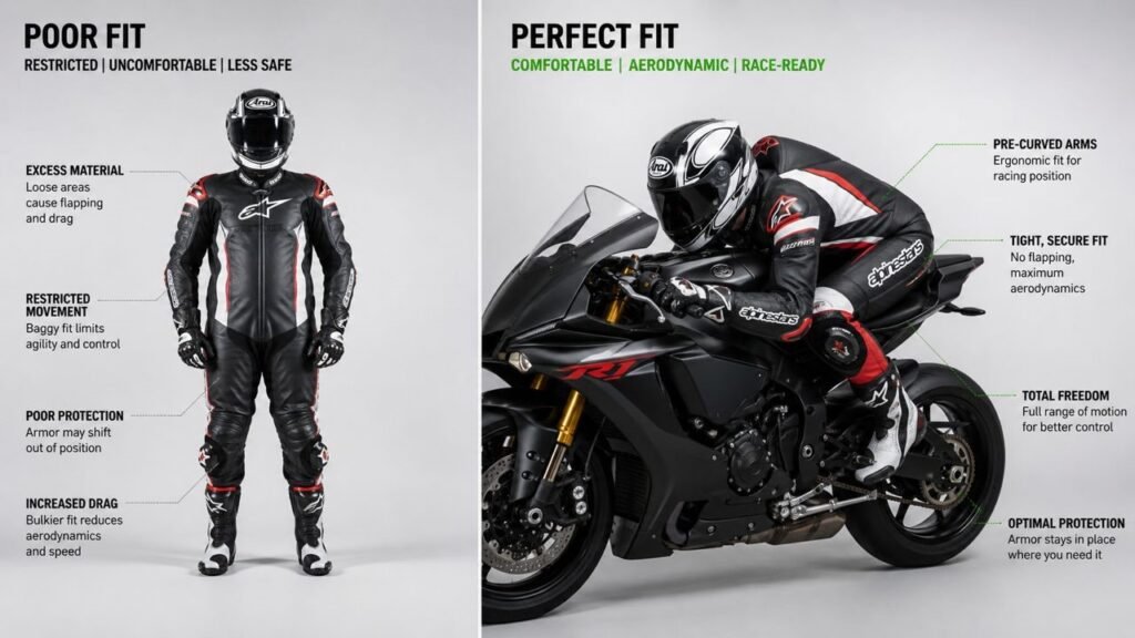 Motorcycle race suit fit comparison standing vs riding position showing tight aerodynamic design
