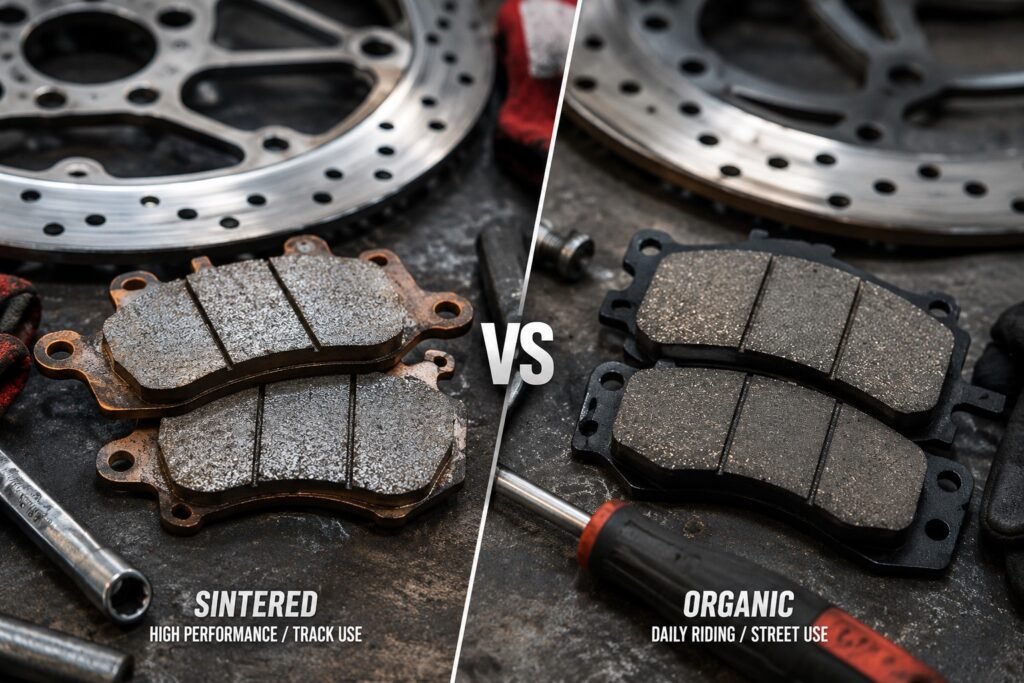 Comparison of sintered and organic motorcycle brake pads on a workshop bench