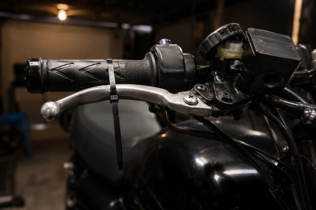 Zip tie holding motorcycle brake lever against handlebar overnight brake bleed trick