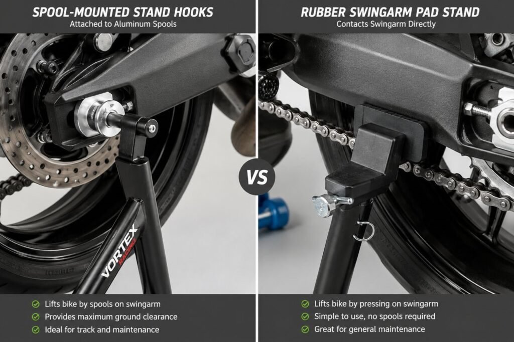 Comparison of spool-mounted versus swingarm-pad motorcycle paddock stands