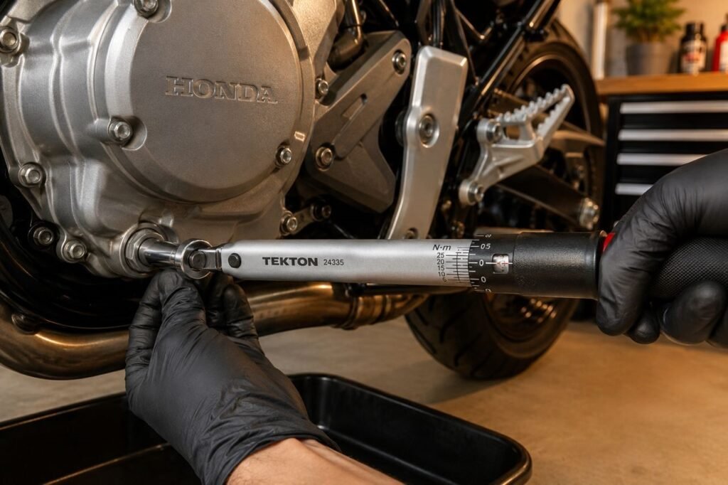 Torque wrench being used on motorcycle aluminum engine drain bolt during basic maintenance