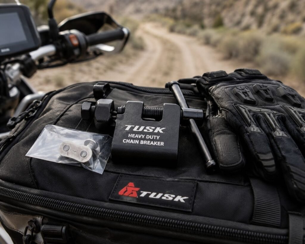 Tusk Heavy Duty chain breaker packed in adventure motorcycle trail kit for emergency chain repair