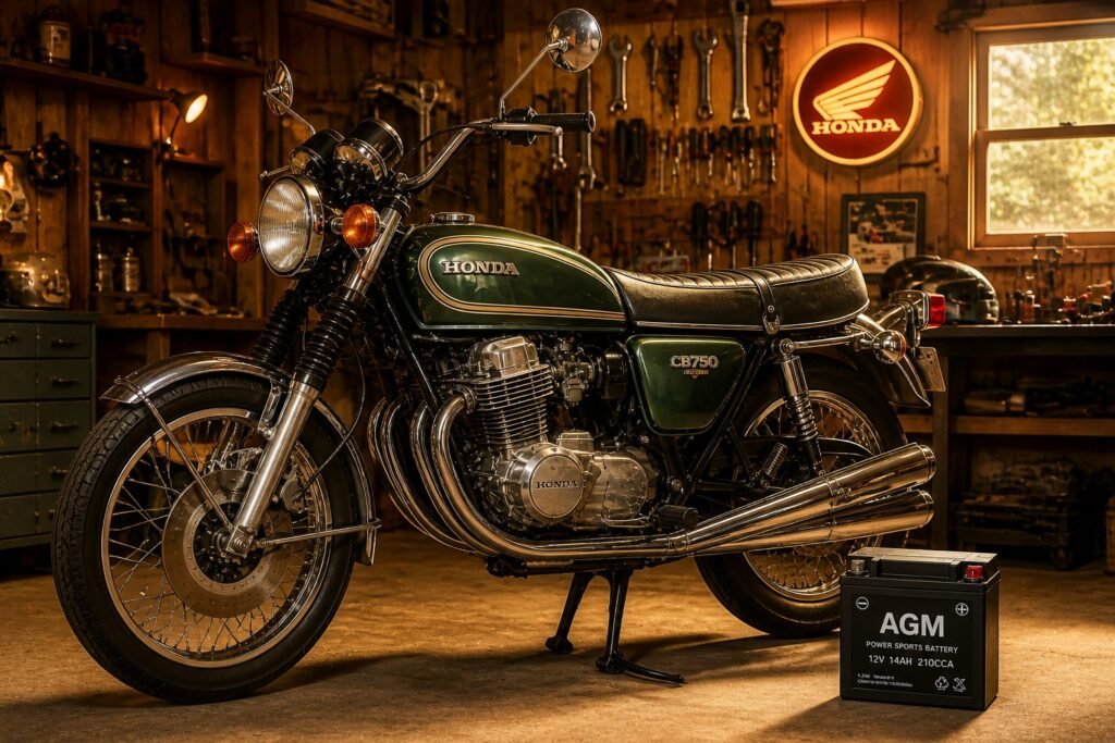 Vintage classic motorcycle in private garage with AGM lead-acid battery showing compatibility for older charging systems