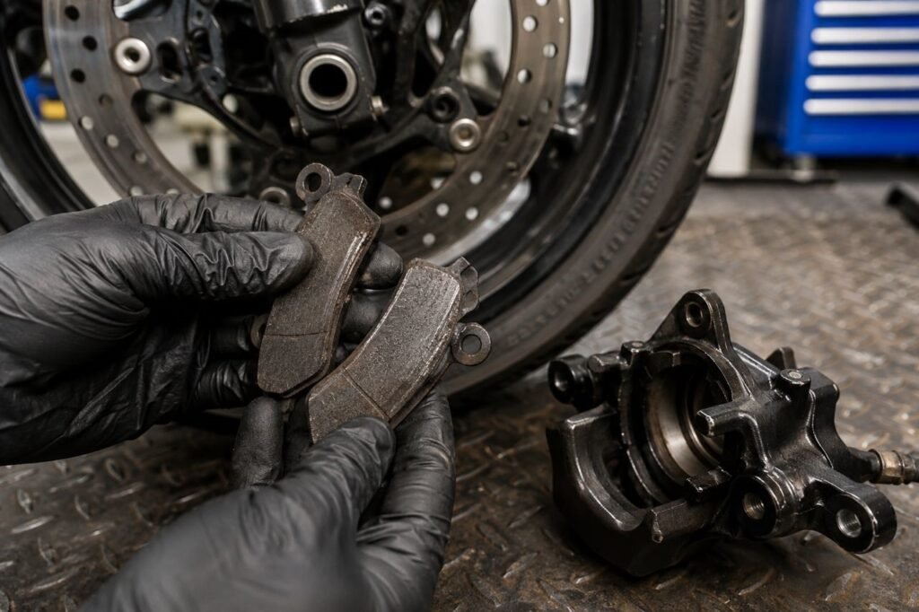 Inspecting worn motorcycle brake pads during maintenance