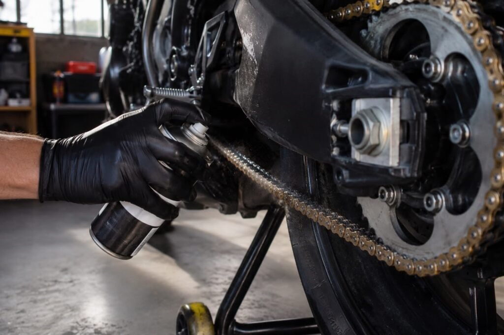 Gloved hand applying chain wax spray to a warm motorcycle chain after washing to restore lubrication.