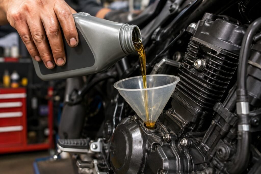 Close up photograph of a mechanic pouring fresh, amber-colored engine oil from a plastic bottle into a motorcycle engine crankcase using a clear plastic funnel in a workshop garage