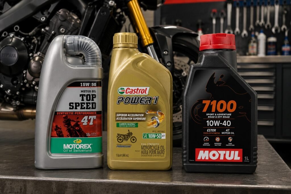 Best motorcycle engine oil bottles beside a sport motorcycle during an oil change