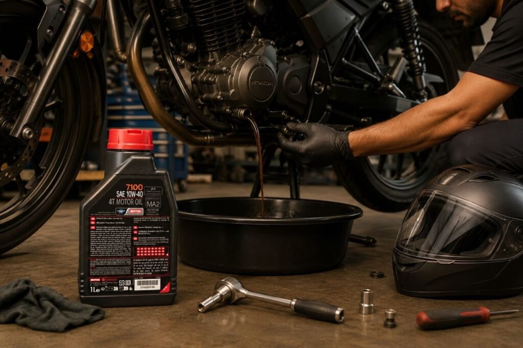 Close-up photograph of the back label on a motorcycle engine oil bottle highlighting the JASO MA2 specification stamp.