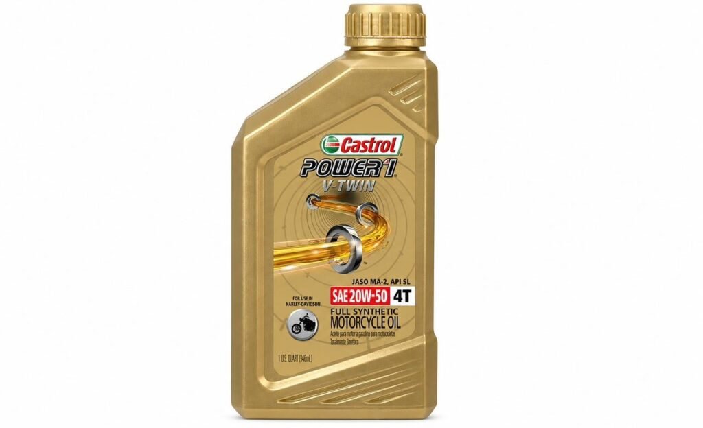 A golden-colored bottle of Castrol Power RS V-Twin 20W-50 full synthetic 4-stroke motorcycle oil.