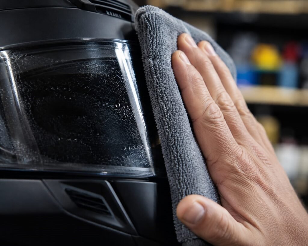 Hand wiping motorcycle helmet visor with edgeless microfibre cloth using straight top-to-bottom strokes
