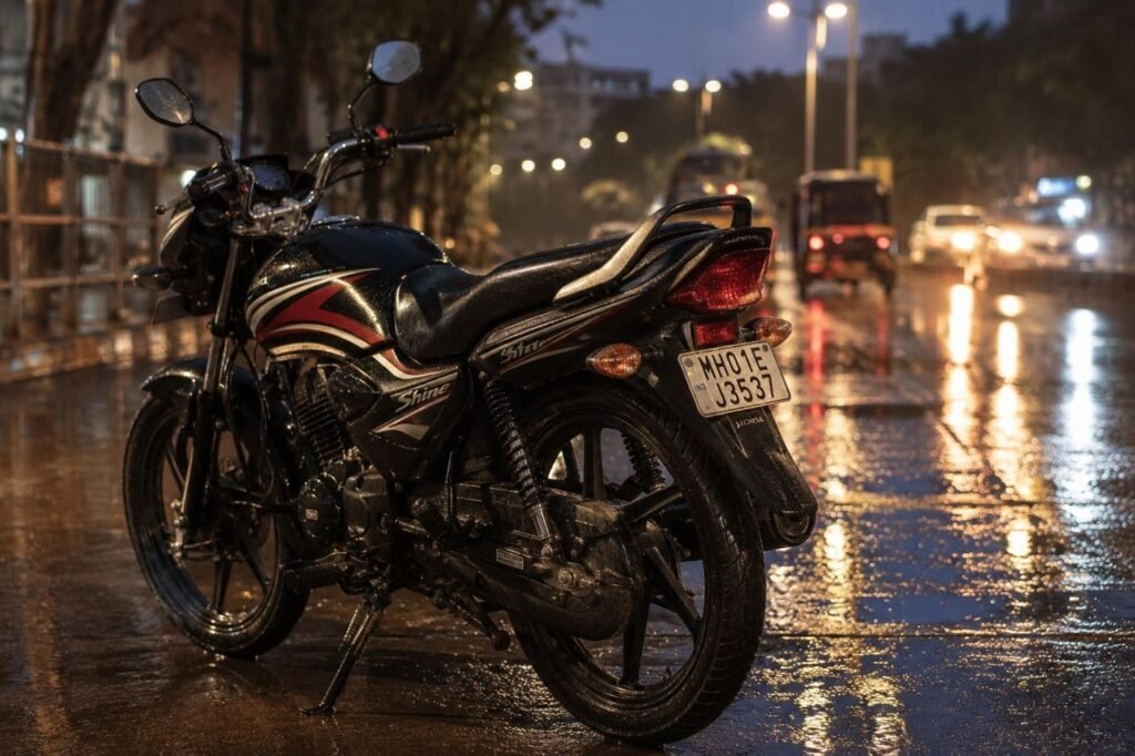 Commuter motorcycle parked on wet city street at night showing chain and rear wheel