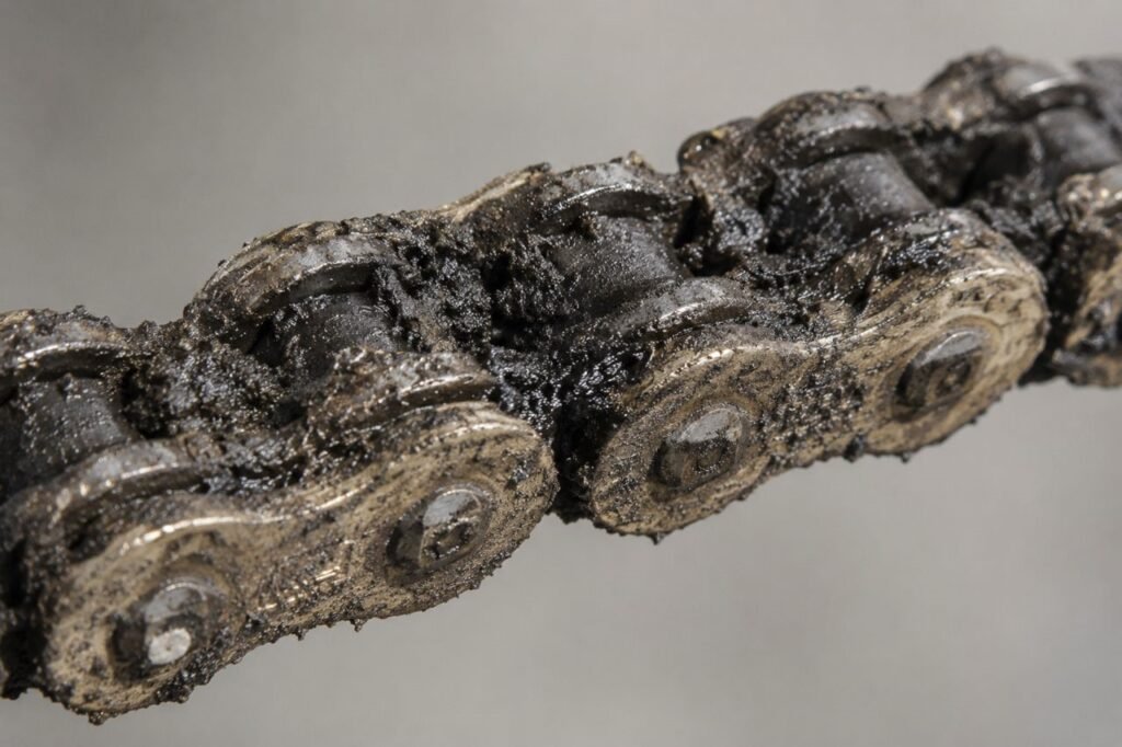 Heavily contaminated motorcycle chain with black grit and dried lube buildup between link plates