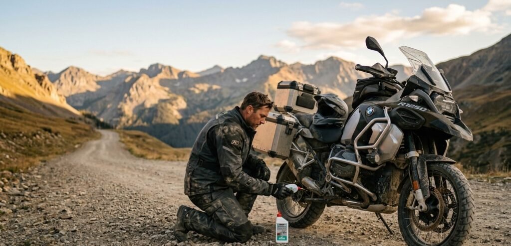 Motorcycle rider applying chain lube on dusty gravel road with mountain landscape in background