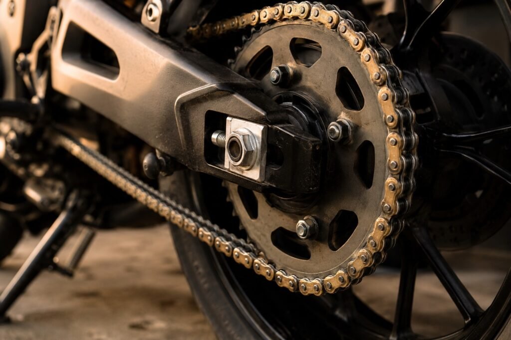Close-up of motorcycle chain and sprocket with chain lube on the rollers