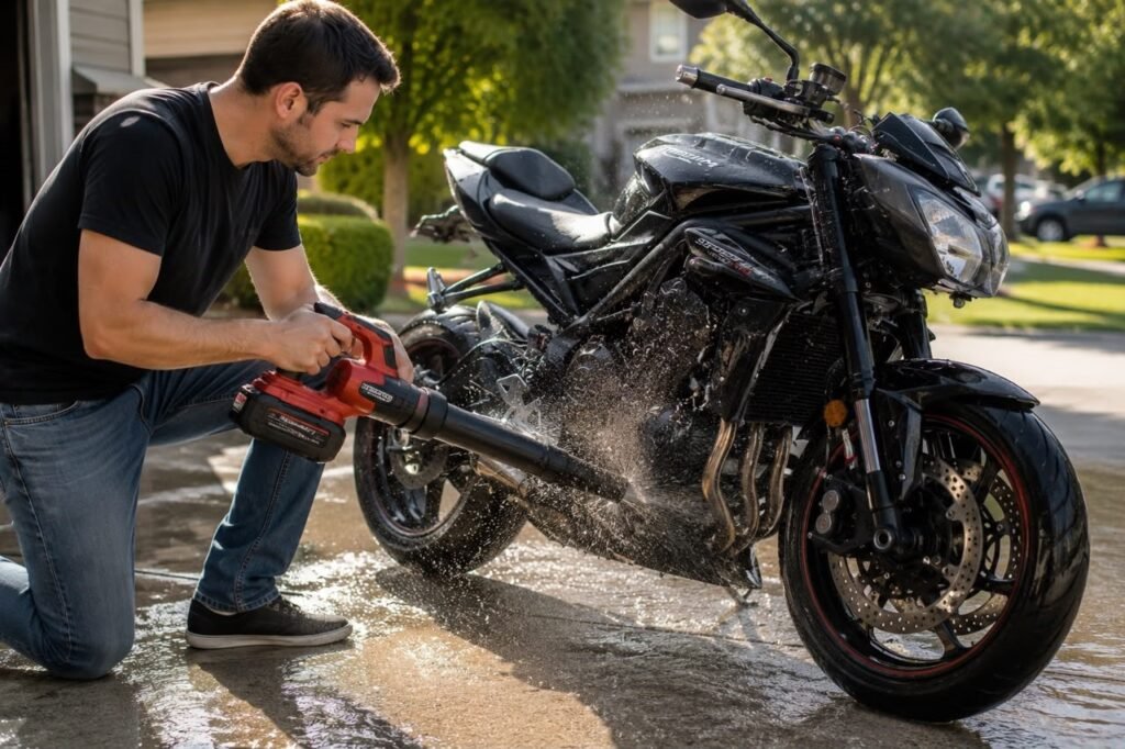 Rider using a cordless leaf blower to dry a motorcycle and remove water from fairing gaps and frame crevices after washing.