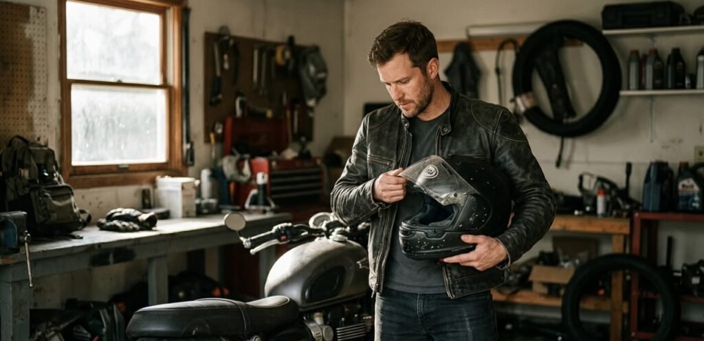 Motorcycle rider inspecting full-face helmet visor in garage before cleaning