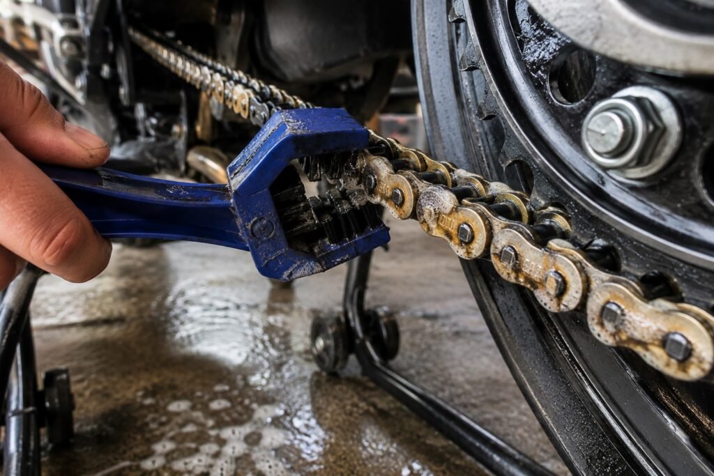 Close-up of motorcycle chain being cleaned with a three-sided brush and O-ring-safe degreaser without removing the chain.