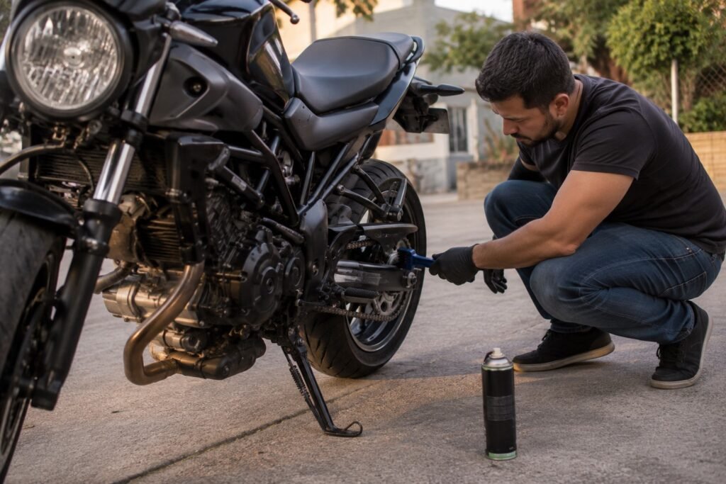 Rider cleaning motorcycle chain without a paddock stand using sidestand method
