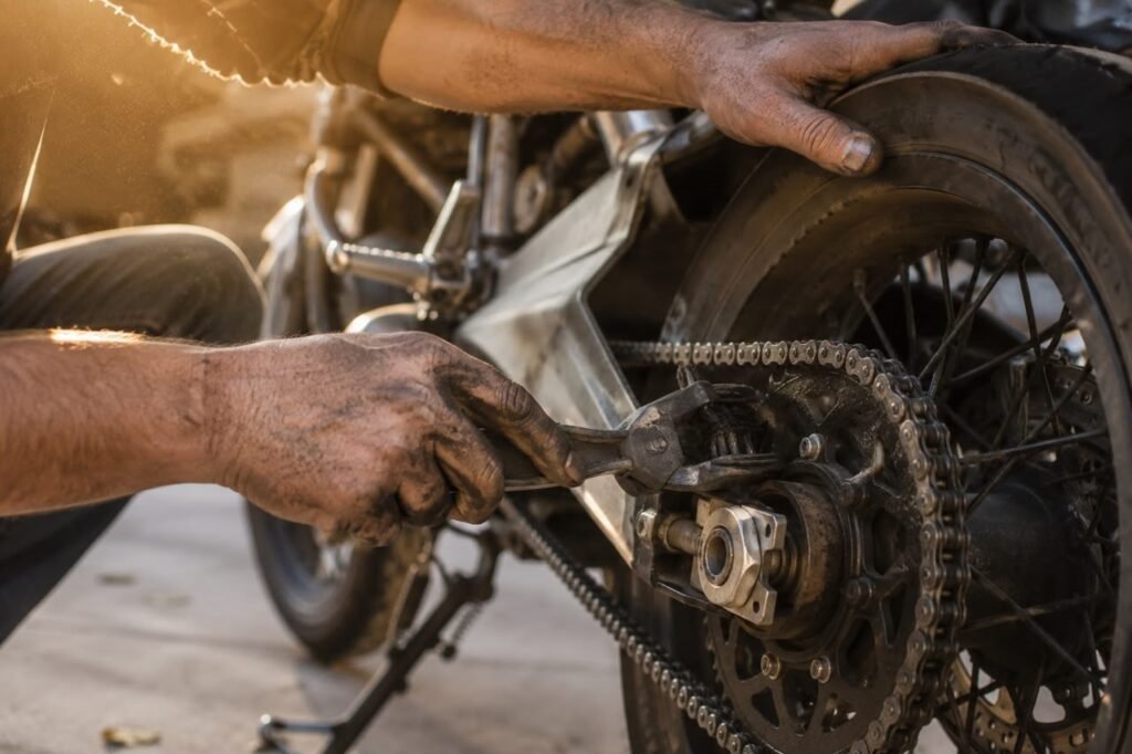 Mechanic cleaning a motorcycle chain with a brush in natural light