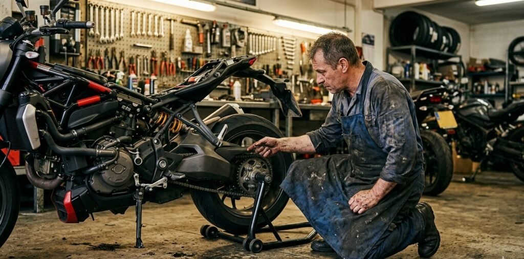 Motorcycle mechanic inspecting motorcycle chain in workshop after lubrication