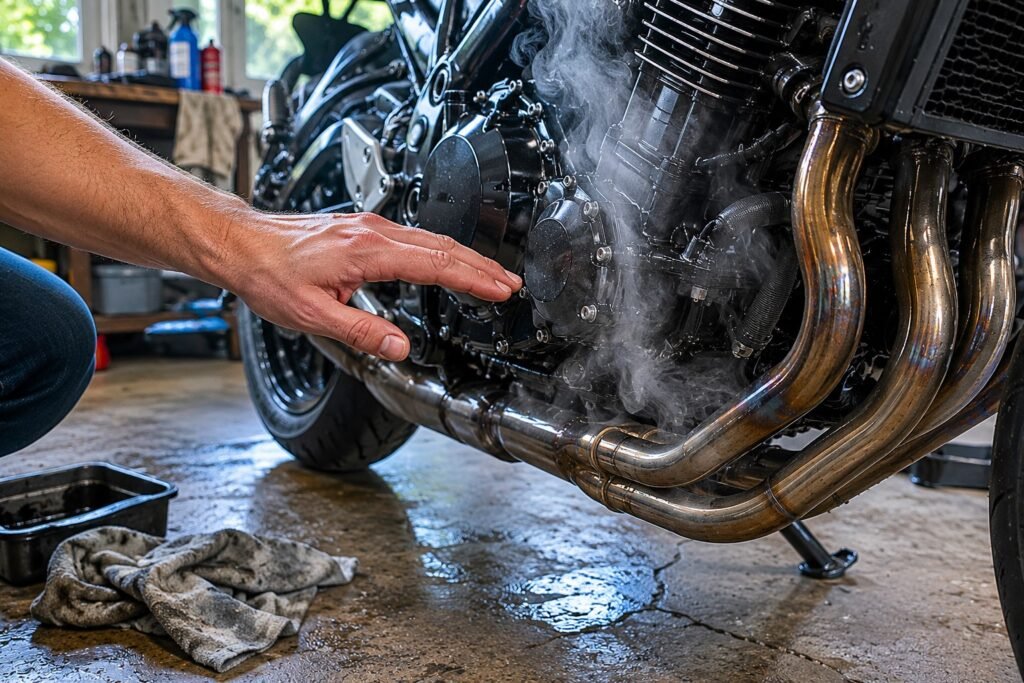 Rider checking motorcycle exhaust temperature before washing to avoid thermal shock damage.