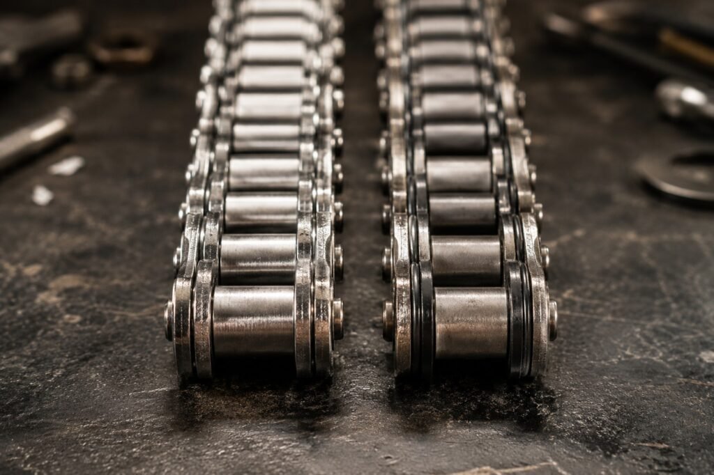 O-ring sealed motorcycle chain compared to standard roller chain