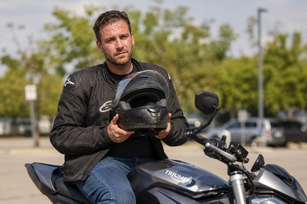 Rider holding full-face motorcycle helmet after a long summer ride showing bug splatter on chin bar