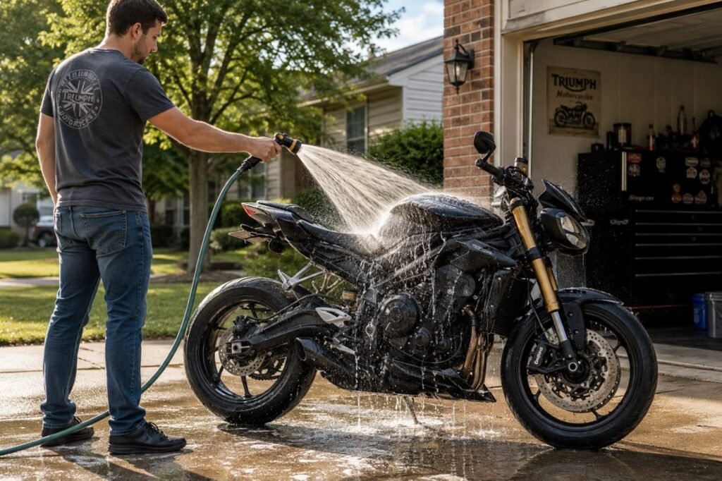 Rider rinsing a motorcycle with a garden hose using a wide fan spray from top to bottom to prevent paint scratching