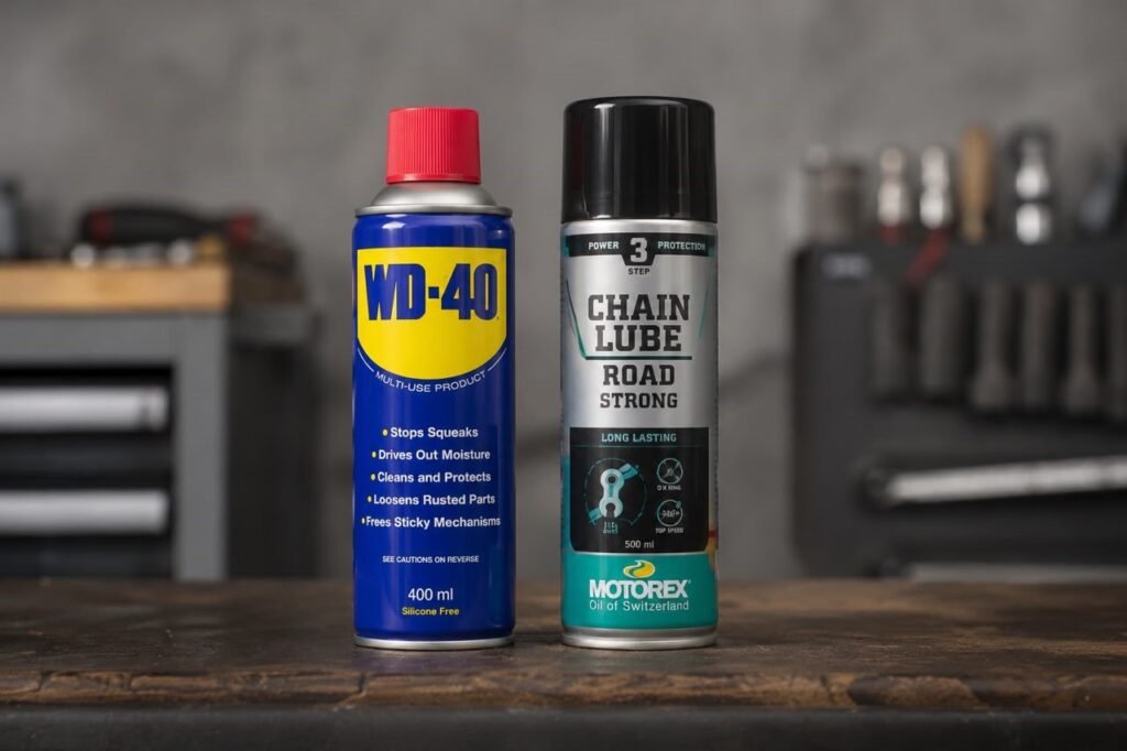 WD-40 can next to dedicated motorcycle chain lubricant showing the difference