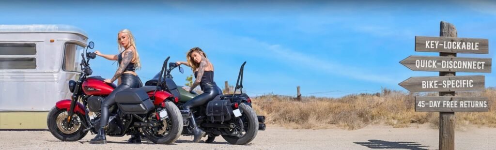 Motorcycle with Viking Bags saddlebags mounted, parked on a scenic mountain touring road