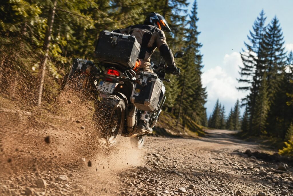 Adventure motorcycle with knobby dual sport tires riding on a gravel forest road